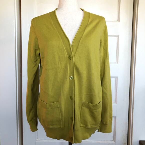 Van Heusen Studio Mustard Yellow Cardigan L 100% Cotton Pockets Minimalist Retro - Picture 1 of 9